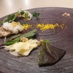 厨翠山   - 前菜　　春鰊、数の子、毛蟹、チーズ　
      （五十八、出雲　藻塩）