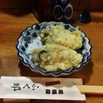 居酒屋ふく郎 - お通し、牡蠣の天ぷら