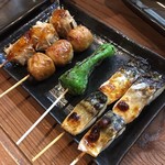 戦国やき鳥 よっ田や - シウマイ、つくね、ピーマン、サバ2本