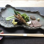 徳山鮓 - 猪、月の輪熊、鹿のテリーヌ〜テリーヌは山ワサビで味わいが引き立つ。ら茄子の煮凍り（スッポンの形）