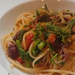 Cucina Italiana e Gastronomia CICCIO - 旬のホタルイカと菜の花のスパゲティアーリオオーリオ  サルデーニャ産のボッタルガの香り