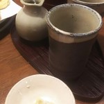 Shimizuya - そば焼酎一合、わさび漬け。
