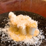 Poached French white asparagus with mustard and parmesan sauce