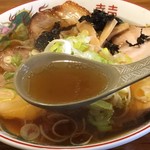 Maruichi Minami - どれ。      先ずは汁を。
                        
                        おーーー美味い！豚なのか鶏なのかハッキリわからない食堂ラーメン味。
                        
                        スッキリしてるが、薄味では無い。
                        
                        俺はこういうのも好きヽ(´o｀
                        
                        
                        
                        