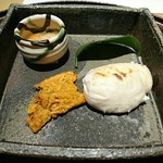 馳走 啐啄一十  - ④生くちこ(広島県江田島産) ⑤炙り自家製ばちこ(広島県江田島産)　③虎河豚白子(福岡県産)の炭火焼き