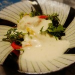 海の別邸ふる川 - 春待ち野菜の甘海老サラダ(赤パプリカ•黄パプリカ•蕪と生姜の淡雪)