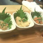 酒徒庵 - えびみそ、山うに豆腐、ばくらいの酒のアテ３兄弟