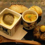 日本料理 晴山 - 盛合せ６種　鰆・サツマイモ蜜煮・ホオズキトマト・鮑肝茶碗蒸し・生カラスミ寿司・牛蒡餅銀杏添え