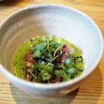 やまぐち - 新玉ねぎのブラマンジェにうすい豆のソースにホタルイカ、大徳寺納豆をアクセントに