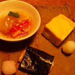 蕎麦ひら井 - 前菜3種（穴子巻たまご、平貝磯辺焼、蕪煮つけ）