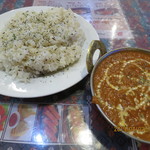 PURNIMA - マトンマサラ "Mutton Masala"（羊肉のスパイシーカレー），ジーラライス "Jeera Rice"（クミンで炒めたライス）