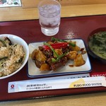 八幡食堂 - 山菜のおこわ302円&鶏肉麻婆風345円&みそ汁108円税込