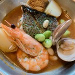 Pesce Luna - スズキと天使の海老のなんだっけ
      こういうスープ的な食べ物はカプリ？カプラ？名前がどうも思い出せないんだよねー
      アクアパッツァ？プッタネスカ？アラベスクかなー？