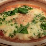 ジビエ料理 あまからくまから - 「雑炊」（「甘海老とまと鍋」の鍋あと）：溶けるチーズ＆パルメザンでリゾット風♪