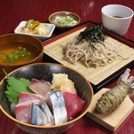 Seafood Bowl and zaru soba set with 1 stick of fresh wasabi