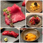 USHIGORO S. - ＊『田村牛ザブトンと赤酢シャリのタレ握り あたりネギを添えて』『 白センマイの卵黄カラスミソース和え ホワイトアスパラのアッシェ ベルーガのキャビアと生カラスミ』『フィレミニョンのお刺身 北海道根室産バフンウニ添え』『イチボのユッケ 奈良漬けと実山椒、バルサミコ添え』