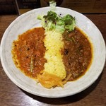 SPICY CURRY 魯珈 - 中華風にんにくの芽と羊肉のキーマカレー＋山菜祭！たらの芽とこごみと菜の花のトマトカレーの２種カレー