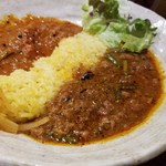 SPICY CURRY 魯珈 - 中華風にんにくの芽と羊肉のキーマカレー＋山菜祭！たらの芽とこごみと菜の花のトマトカレーの２種カレー