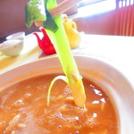 四川料理 桃源郷 - 平日限定ランチ土鍋入りふかひれ湯麺セット　２５００円（税込）ふかひれ湯麺の青梗菜のアップ【２０１９年３月】