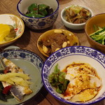 四川家庭料理 中洞 - 前菜(自家製乳酸発酵漬け物、皮蛋と焼きピーマン、鰯オイル漬け、牛もも肉の麻辣漬け、パクチーキュウリサラダ、牛頬肉ネギ味噌和え、蒸し鶏麻辣山クラゲ) 