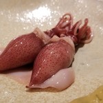 鮨 さかい - (01)蛍烏賊(富山湾)
      産卵期は通年、旬は春、寿命1年
      富山湾では初冬と初春～初夏に産卵するがやはり春が一番良い。
      蛍烏賊は薄味で茹でてあり、軟らかな歯応えと優しい甘みが拡がります。