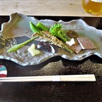 徳山鮓 - 前菜：猪・鹿・熊 のテリーヌ、菜花、インゲン、ワカサギ、茄子、煮凝り。　　　　　2019.03.16