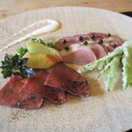 徳山鮓 - 鹿肉、猪のハム、カンゾウの天婦羅。　　　　　2019.03.16