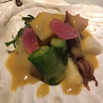 赤坂 渡なべ - ・ホタルイカ、ホタテ貝、スナップエンドウ、筍。酢味噌和えで。 たけのこがしゃきしゃき。食感がいいですね。帆立はねっとりとしていました。 スナップえんどうの茹で方もいい。酢味噌和えに合いますね。