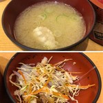 美登利寿司 鮨松 - ◆お味噌汁は薄めでお魚のあら入り。 ◆サラダはキャベツが主で、青しそドレッシングがかけられています。