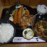 Kumakko Shokudou - 海老フライ豚肉生姜焼き盛合せ ザルそば