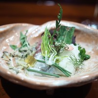 草喰 なかひがし - 造り　鯉（身　皮の素揚げ　皮湯引き　骨出汁の煮凝り）フェンネル　たんぽぽ　なずな　すいば