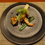 海のしょうげつ - 強物(海鮮ステーキ)：鮑、河豚、車海老、筍、モロッコ隠元、ホワイトセロリ、オリジナルソース掛け