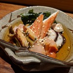 鮨 蒼井 - 酢の物　土佐酢が旨い　（赤貝と胡瓜の海苔巻、カニ足、タコ頭、アナゴ、赤貝、甘海老）