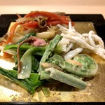 うを徳 - 京都 人参・山うど きんぴら + 山形 野萓草 酢味噌和え + 山形 こごみ 胡麻和え + 琵琶湖 稚鮎 釜揚げ