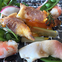 DADA - ﾊﾟｰﾄﾌﾞﾘｯｸの温玉の包み焼に北寄貝と白姫海老