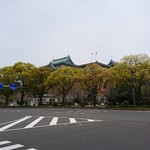 愛知県庁本庁舎食堂 - 街路樹の向こうには愛知県庁舎