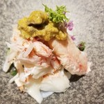 馳走 啐啄一十  - ③毛蟹(北海道函館産)と本ミル貝(山口県産)、土佐酢
      まだ冬の親の毛蟹らしい強めの旨みが美味しく、また蟹味噌を少し付けて食べるとコクが加わります。
      本ミル貝のコキュコキュした食感と旨みも良い！