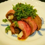 蓬左茶寮 - ＝裂き平貝とモリーユのイチボ包み 花山椒＝