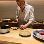 銀座 しのはら - お造り：平目 鰆の松前漬け 蒸し鮑 鮪の赤身 と中トロ