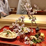 銀座 しのはら - 八寸：筍と烏賊の木の芽和え、貝寄せ 黄身酢、蓮根 鯛子 もろきゅう 蛸の串、赤蒟蒻 スナップエンドウ 蛍烏賊 玉子の串