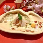 銀座 しのはら - 八寸：筍と烏賊の木の芽和え、貝寄せ 黄身酢、蓮根 鯛子 もろきゅう 蛸の串、赤蒟蒻 スナップエンドウ 蛍烏賊 玉子の串