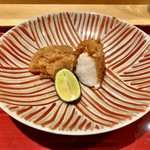 銀座 しのはら - 虎河豚の白子のフライ 車麩の衣 塩と酢橘 白味噌ベースのソースで