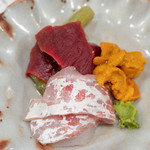 うを徳 - 2019.4 お造り（愛知フキ、岩手ミンク鯨赤身、明石桜鯛、函館バフンウニ）