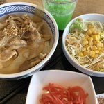 吉野家 - 豚丼と生野菜サラダと紅生姜。メロンソーダも。