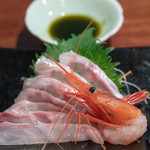 飛騨季節料理 肴 - 2019.2 富山マハタ薄造り 富山甘海老 磯醤油