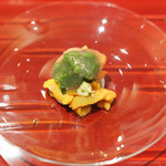 銀座 しのはら - 赤貝と北紫雲丹と菜の花に牡丹海老と鮃の旨出汁の煮凝りソース