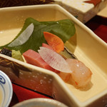 銀座 しのはら - お造り（アワビ、ボタンエビ、マグロ、タイ）