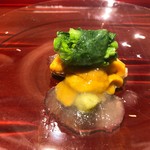 銀座 しのはら - 赤貝 雲丹 菜の花 ジュレがけ