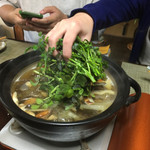 かたつむり - ヤマドリダケと天然キノコの鍋に天然クレソンとセリを投入