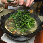 かたつむり - ヤマドリダケと天然キノコの鍋に天然クレソンとセリを投入！